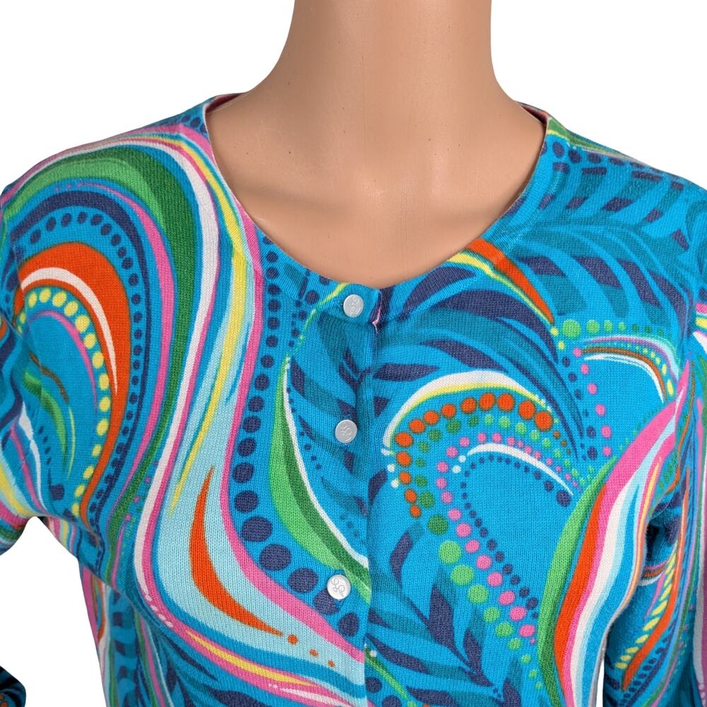 Lilly Pulitzer Blue Paisley Cotton Cardigan M | Rare Older Print Logo Button Vtg - Picture 3 of 9